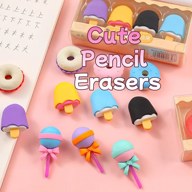 Cute Donut Eraser Box Set 4-Pack Realistic Food Shaped Erasers for Kids Creative School Supplies Bulk Classroom Rewards