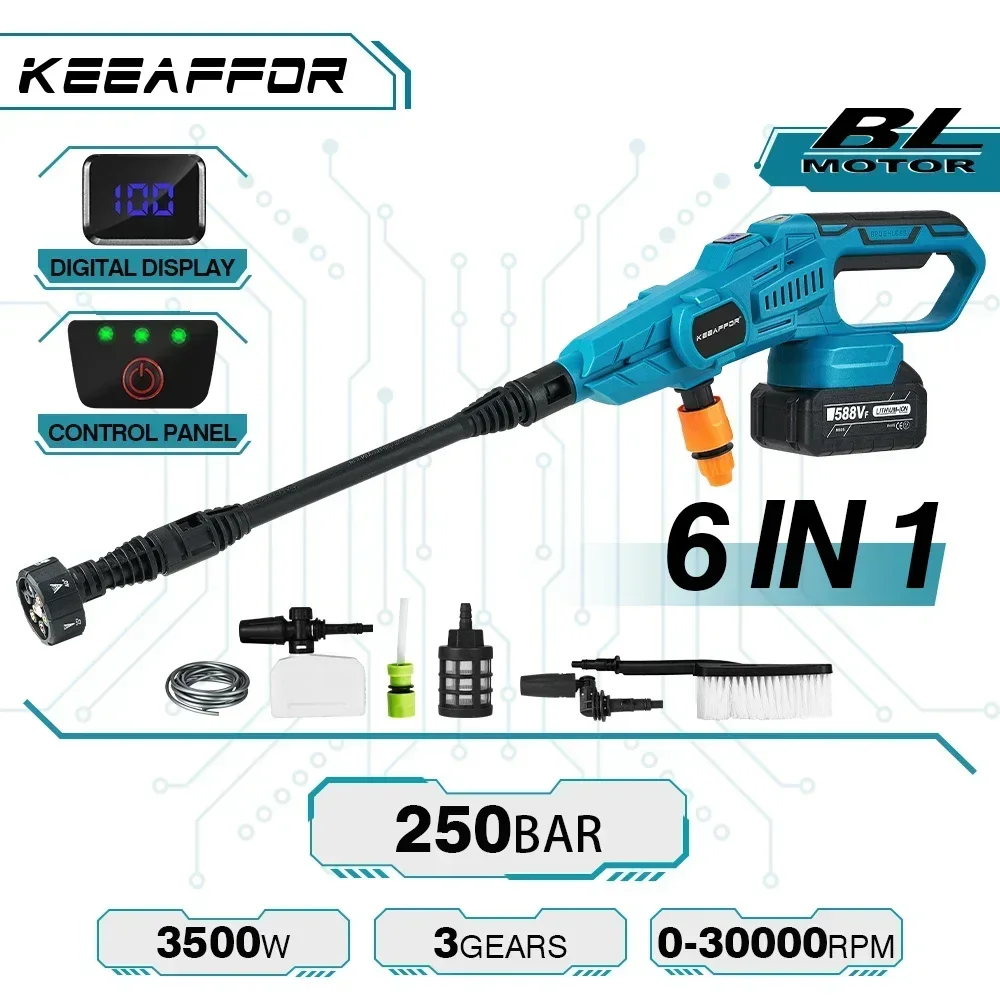 

KEEAFFOR 250Bar 3500W High Pressure Brushless Car Washer Gun 6-in 1 Rechargeable Cordless Car Washing Gun for Makita 18V Battery