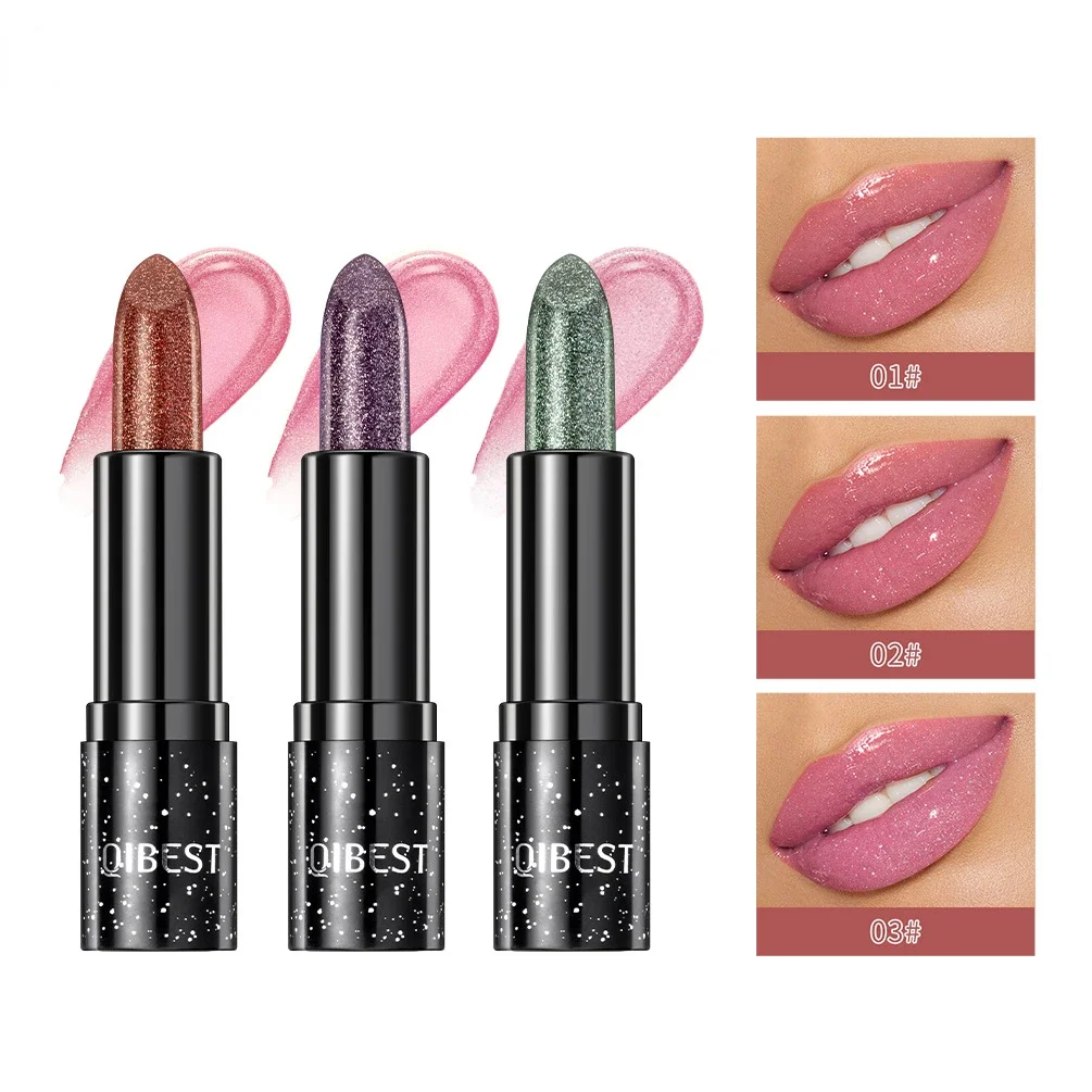 3-kleuren Glitter Diamond Lipstick Parelmoer Metallic Kleurverandering Lipstick Hydraterende Lippenbalsem Lip Stain Tint Make-up