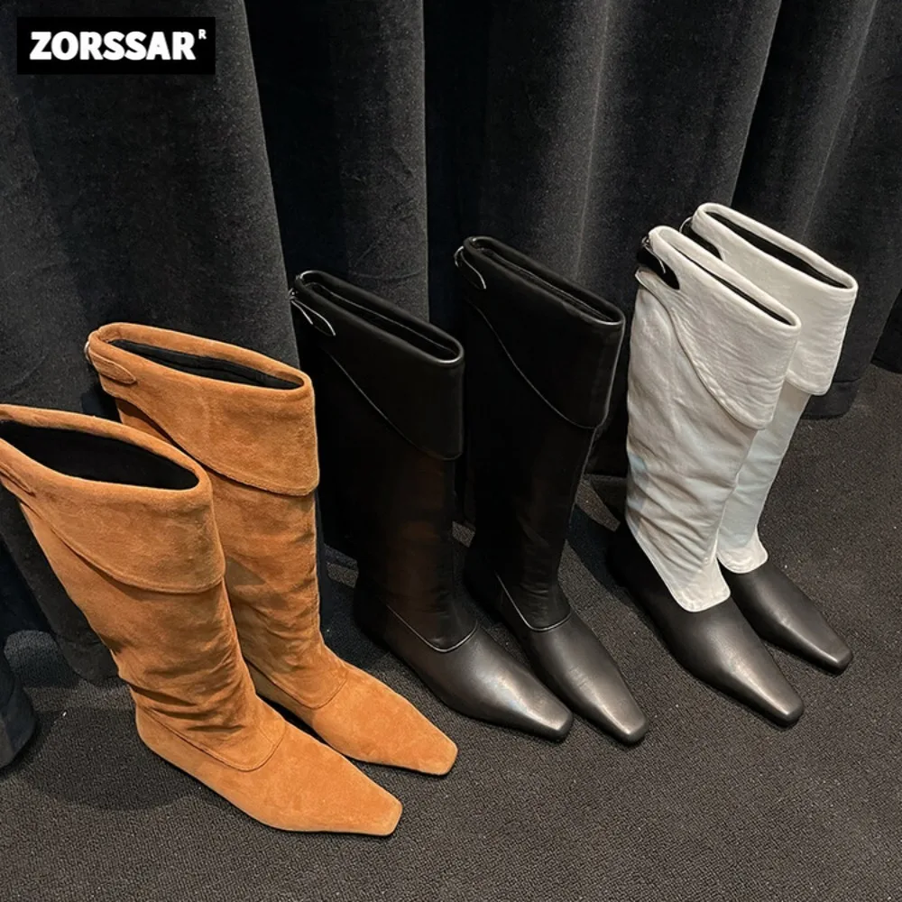 Botas planas hasta la rodilla para mujer, zapatos de cuero suave hasta el muslo, estilo moderno y elegante, cálidos para invierno