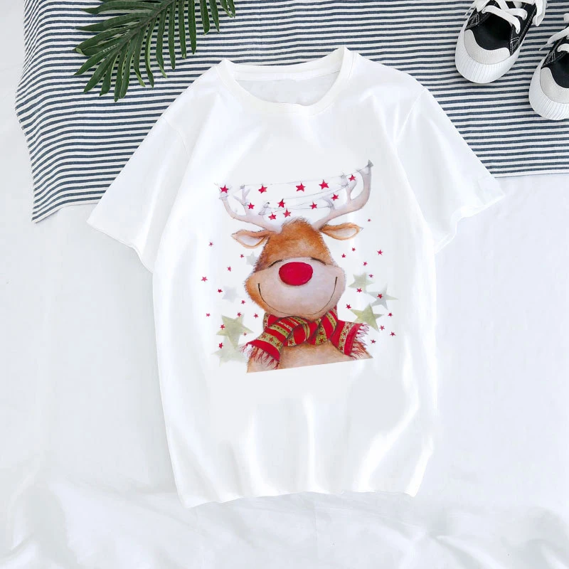 New Merry Christmas Reindeer Printed Cotton T-Shirts Men Women Short Sleeve T Shirt Oversized Harajuku Unisex Tees Tops Clothing