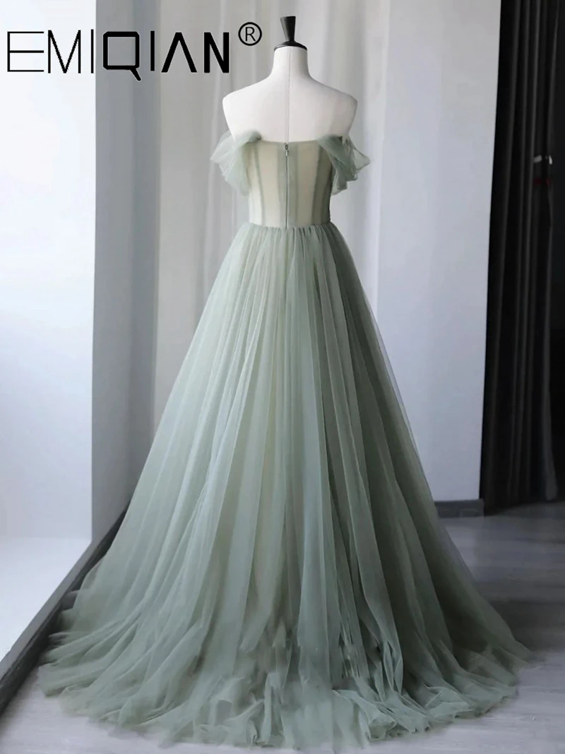 Sage Green Beaded Evening Dress A-Line Off Shoulder Pleat Tulle Floor Length Sweep Train Party Prom Gown with Petal Flowers