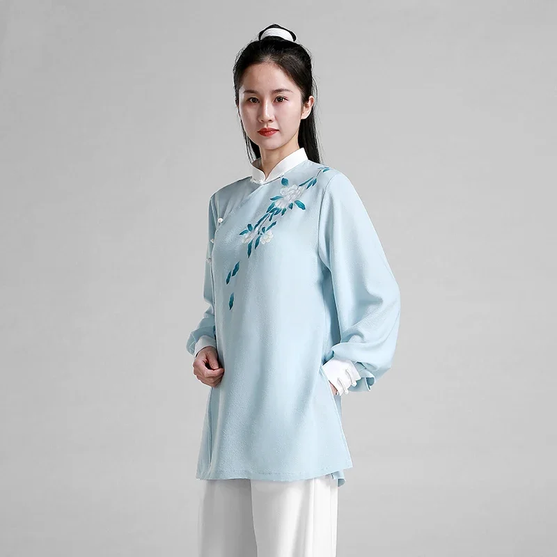 Kung Fu Dress Wushu Clothing Martial Art Uniform Tai Chi Clothes Girl Women Kun Master Hand-painted 2023 New Style Light Blue