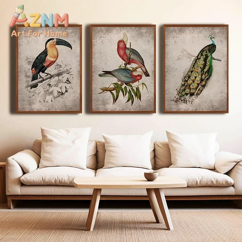 Vintage Toucan Peacock Bicheno Parakeet Canvas Painting Bird Bees and Rose Flower Posters Prints Wall Art Picture Home Decor