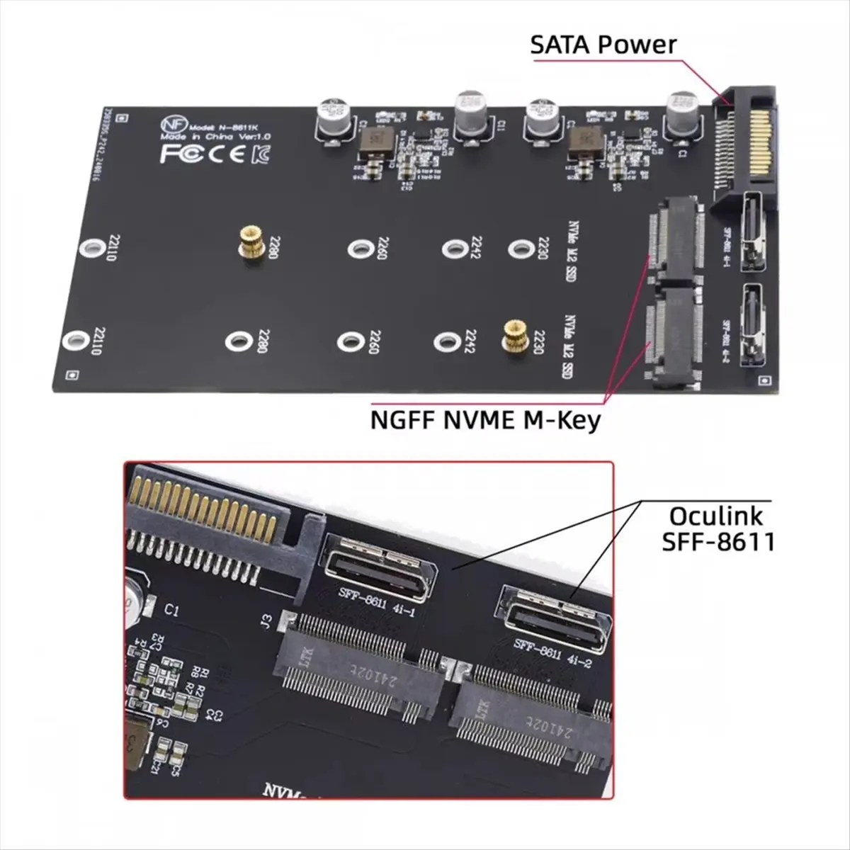 #86F Adapter Card,Oculink to Dual M.2 NVME NGFF M-Key PCIe SSD 2280 22110mm Adapter (PCB)