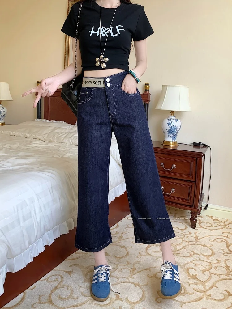 

Свободные синие эластичные джинсы с высокой талией, женские тонкие прямые широкие брюки, осенняя повседневная одежда, удобная посадка