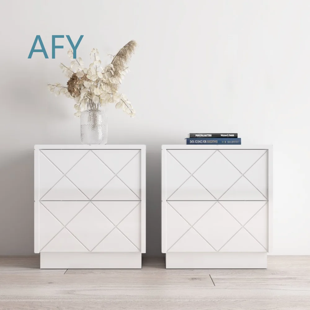 Modern Contemporary Bedside Tables for Customization High Gloss Surface High Gloss Body Set of 2 Nightstands for Modern