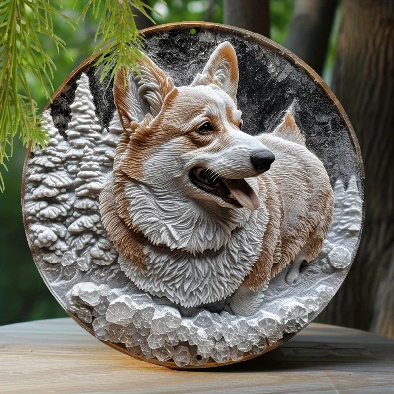 

Pembroke Welsh Corgi 8x8" Aluminum Garden Sign - Spring Pet Lover's Round Wreath Decor, Faux Ice Sculpture Design for Windows