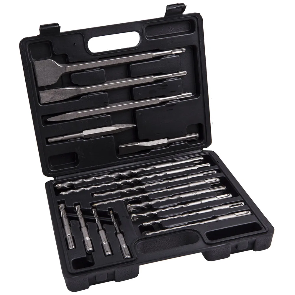17Pcs SDS Plus Rotary Hammer Drill & Chisel Bit Set Masonry Concrete Tile Brick