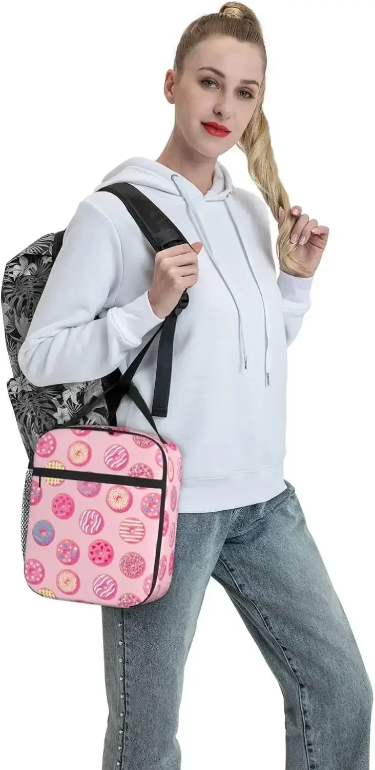 Cute Pink Donut Lunch Bag Double Insulated Leakproof Lunch Box Tote Bag Cooler with Side Pockets for Work Picnic Travel Camping