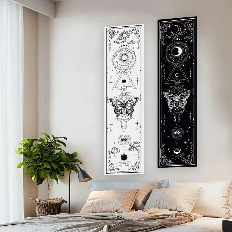 VIKAMA Black White Celestial Wall Tapestry Pair Sun Moon Butterfly Cloud Occult Print Soft Fabric Aisle Background Scroll
