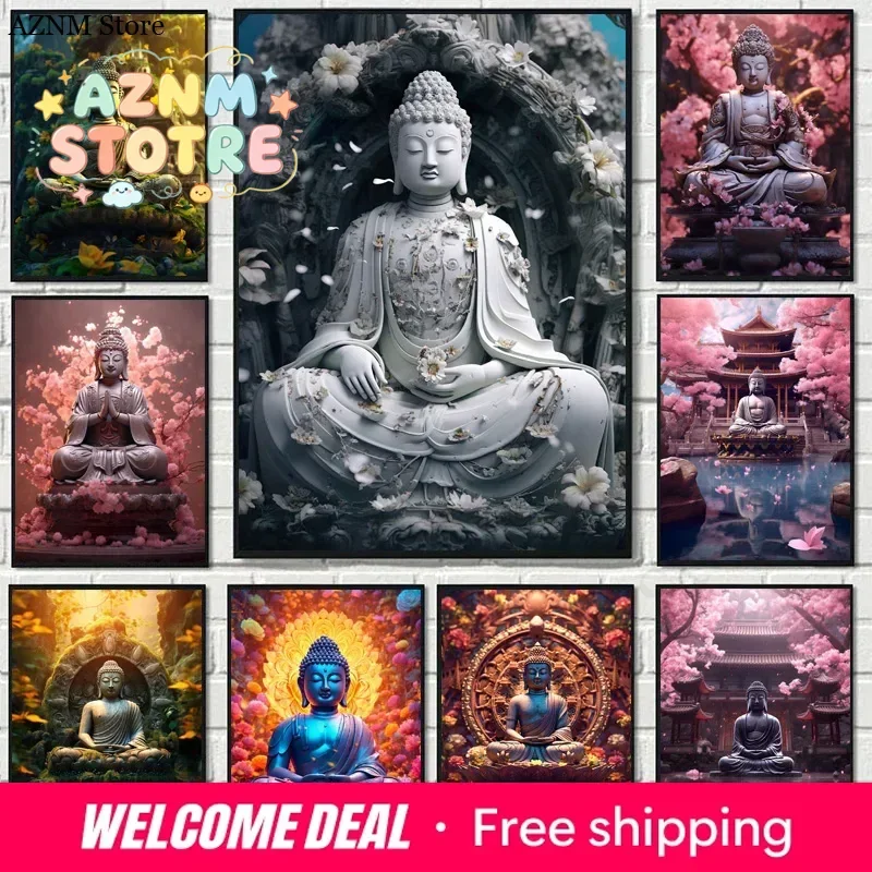 Classic Retro Mountain River Scenery Meditation Buddha Lotus Throne Poster Canvas Printing Art Home Wall Decoration Frameless