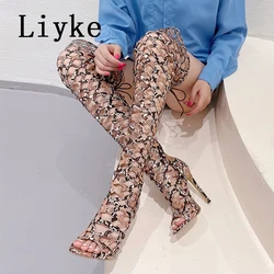 Liyke Sexy Snakes Print Leather Women Hollow Out Thigh High Over The Knee Boots Sandals Fashion Open Toe Zip Lace-Up Heels Shoes