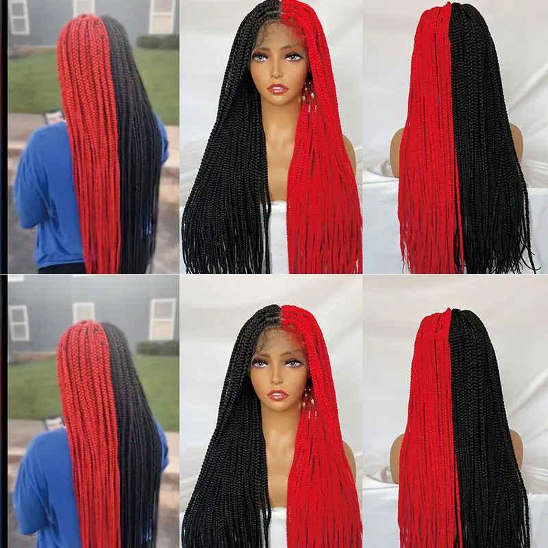 

Lace Frontal Braided Wigs Long Box Braids Wig For Women 36 Inch Half Red And Half Black Synthetic Hair Braids Fake Scalp Wigs