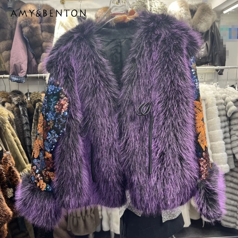 Comfortable Elegant Soft Warm Faux Fur Jacket 2025 Winter Jacket Heavy Industry Colorful Sequin Y2k Furry Coat Outerwear Ladies