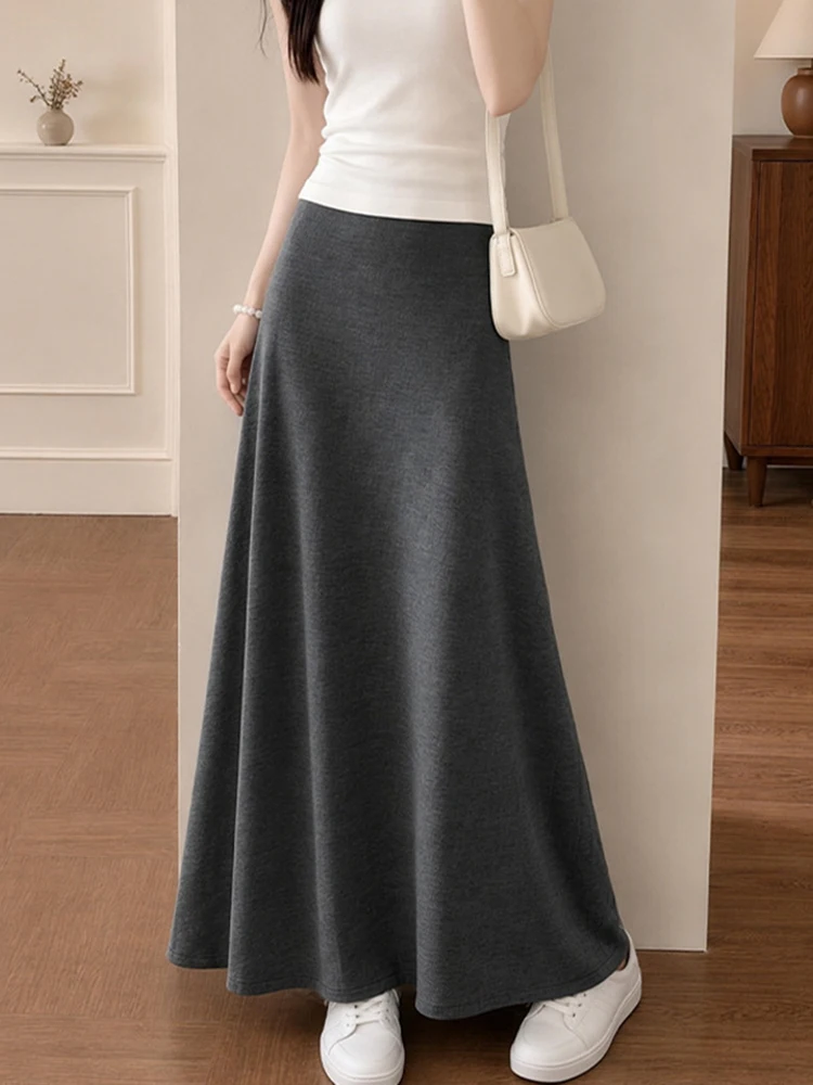 Fall A Line Long Skirt Women Sweet Preppy Style Vintage High Waist Skirts Casual Loose Female Solid Simple All Match Long Skirts
