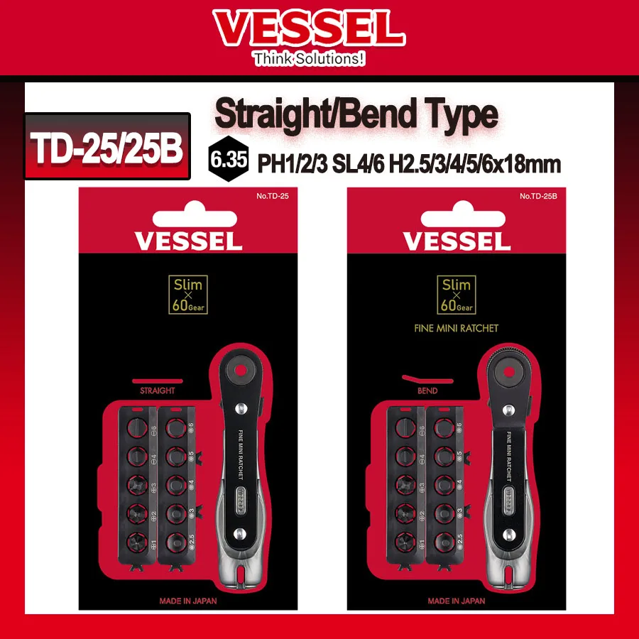 VESSEL 11 PCS Ultra Thin Fine Mini Ratchet Screwdriver Straight/Bend Type with 10 Bits 60 Gears TD-25/TD-25B