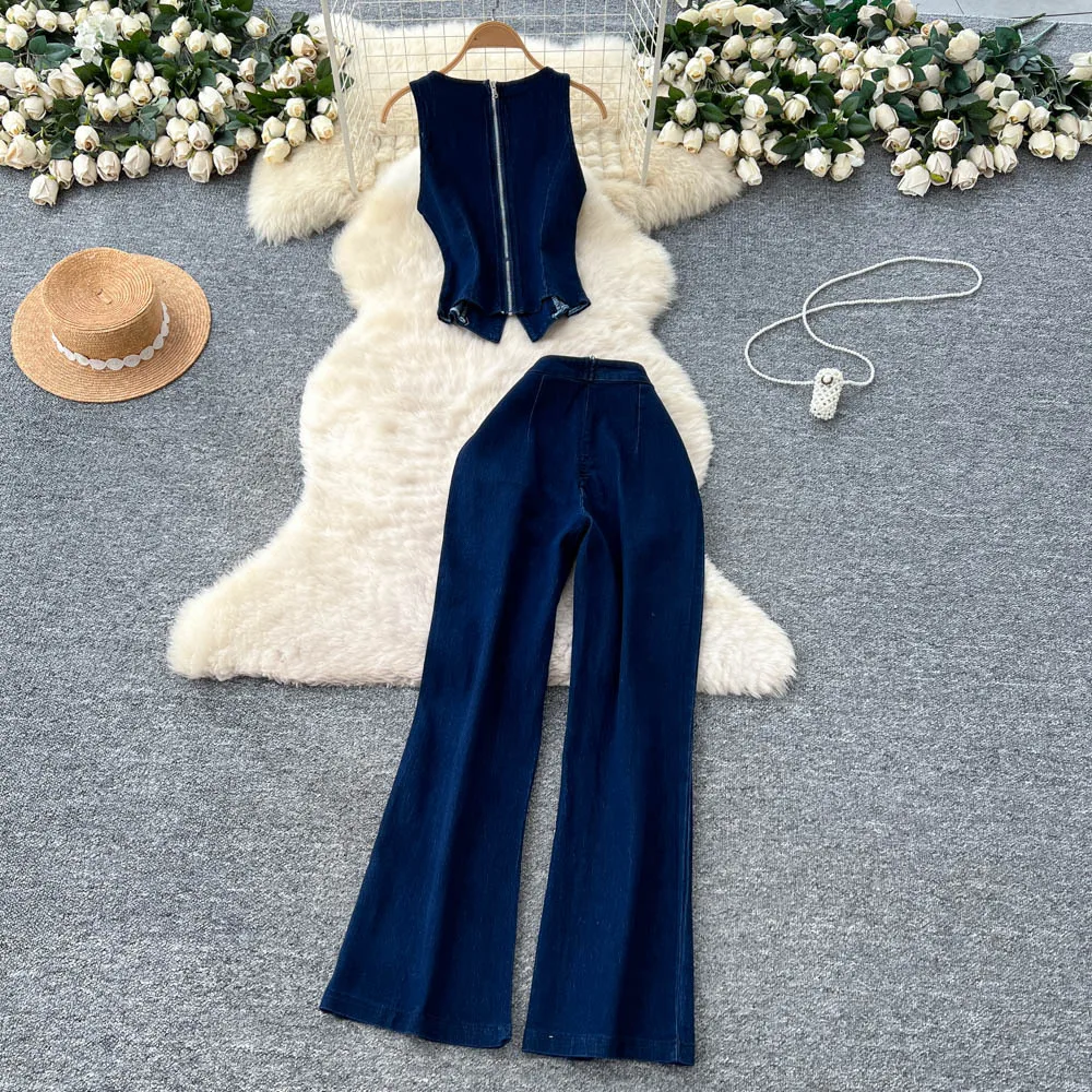 Denim Pant Set Women Two Piece Sets Sleeveless Vests Tops Wide Leg Long Pants High Waist Y2k Streetwear Elegant Work 2025