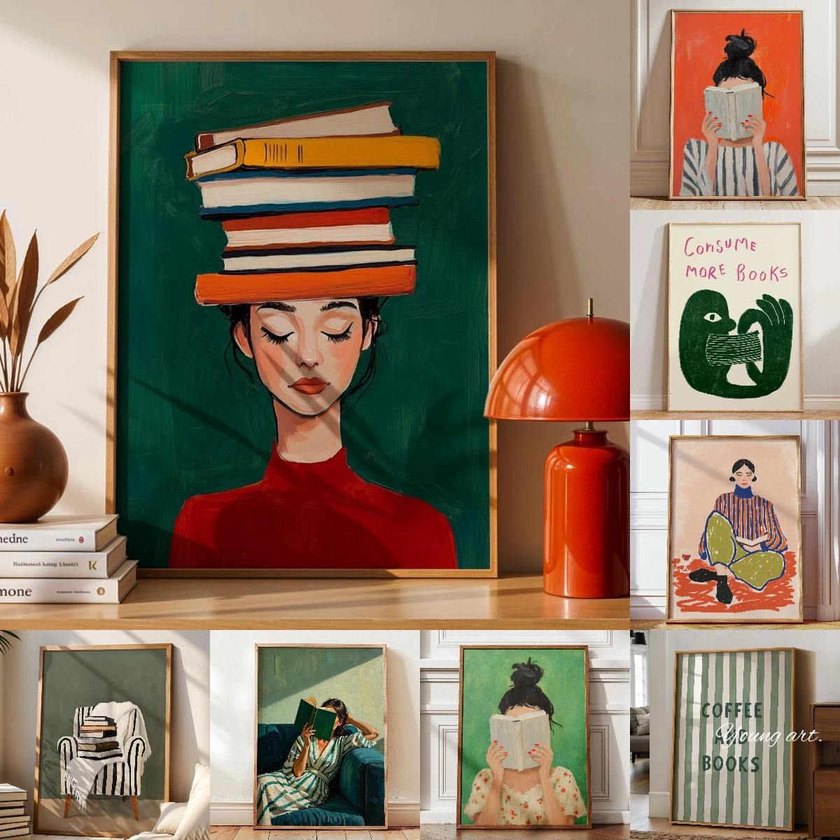 Woman with Books on Head Canvas Prints Poster Modern Minimalist Reading Inspired Art Prints Bedroom Wall Art Home Decor Poster