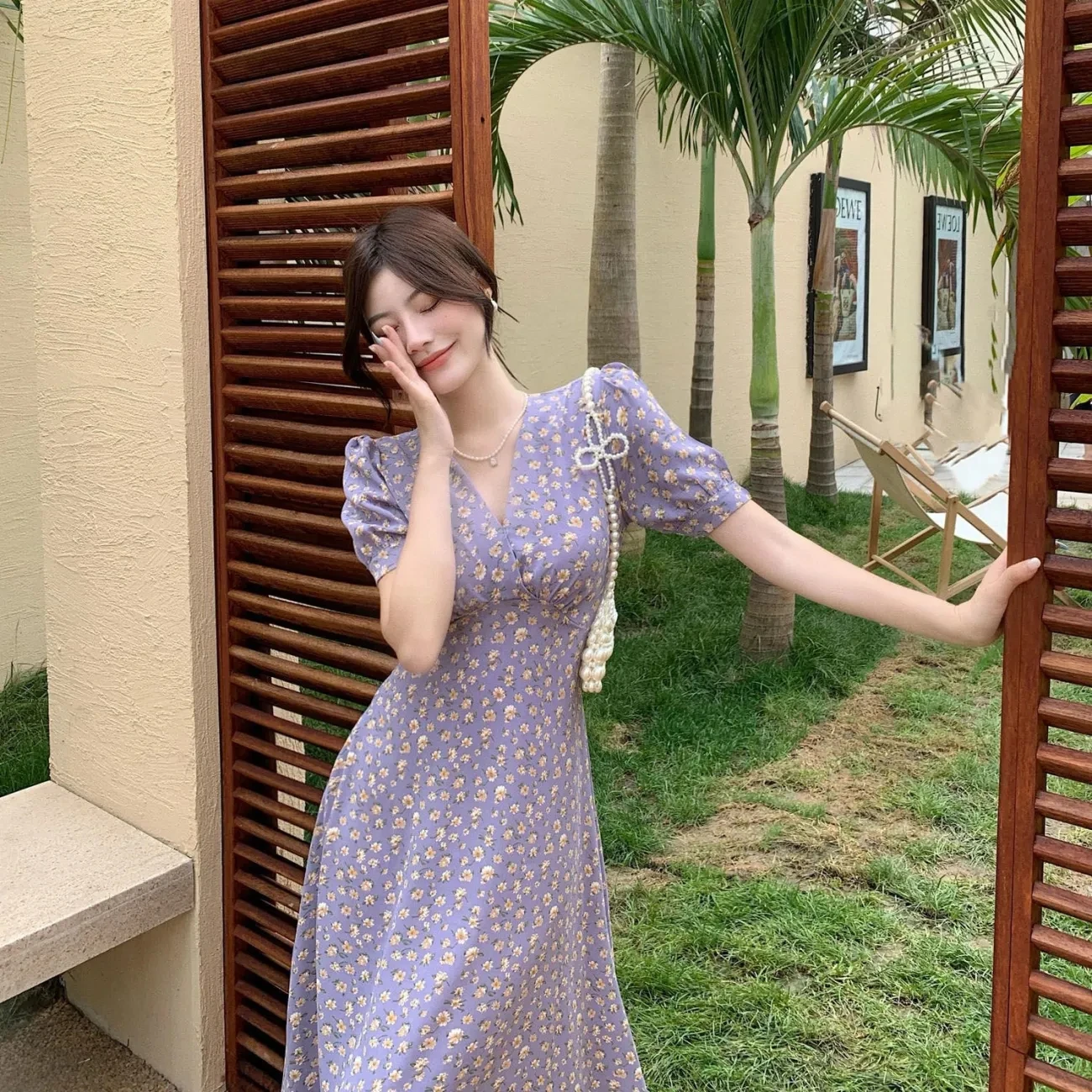 Floral Print V-Ne Midi Dr Chiffon Waist-Cinching A-Line Skirt Korean Sle Commute Summer ort Sve Casual Dr