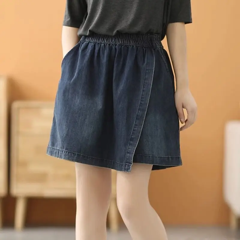 Elegante cintura elástica denim shorts feminino nova coleção de verão solto cintura alta casual versátil emagrecimento saia calças
