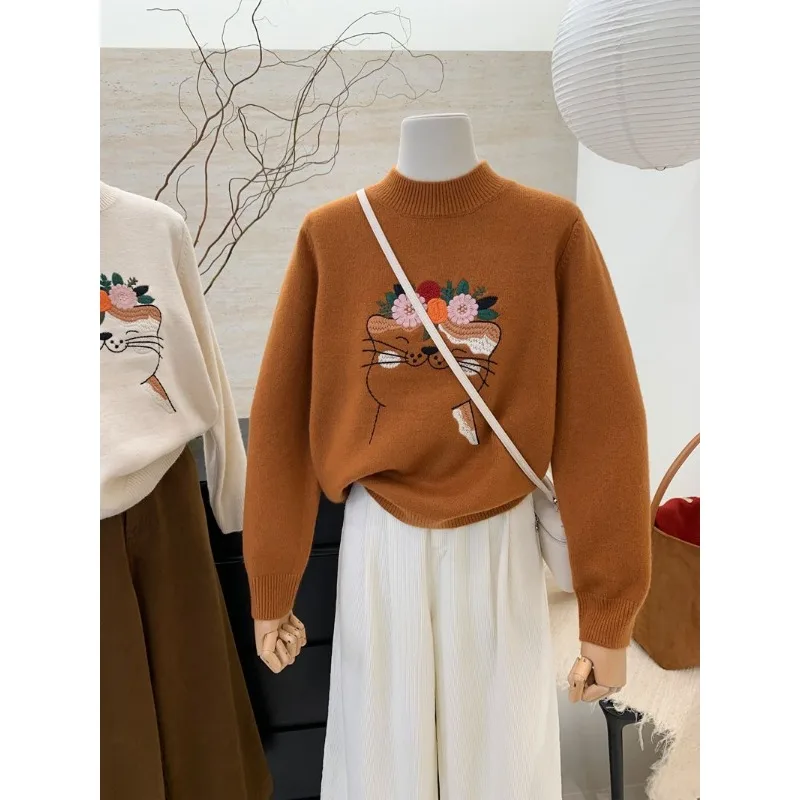 

Winter New Embroidered Loose Thick Warm Knitted Sweater Women Top