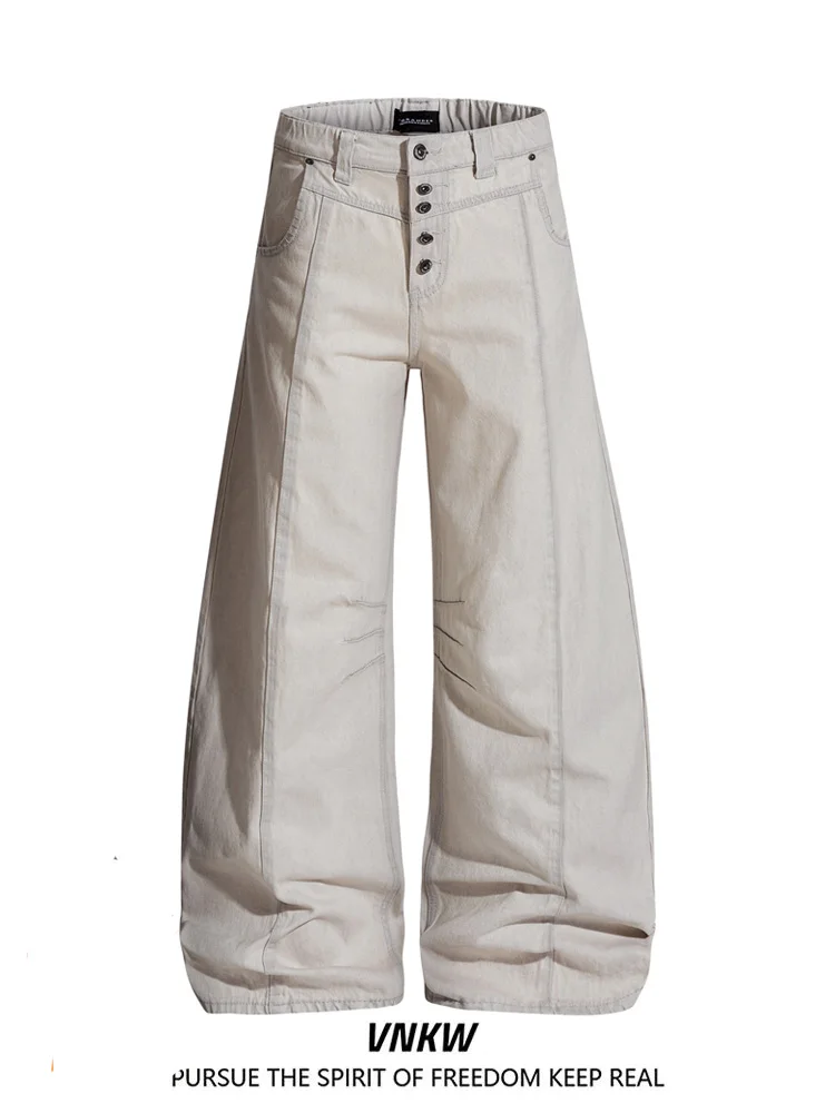 

Джинсы в американском ретро-стиле с эластичным поясом на одной пуговице, рабочие, унисекс, с деконструктированным дизайном, универсальные, широкие, длинные брюки