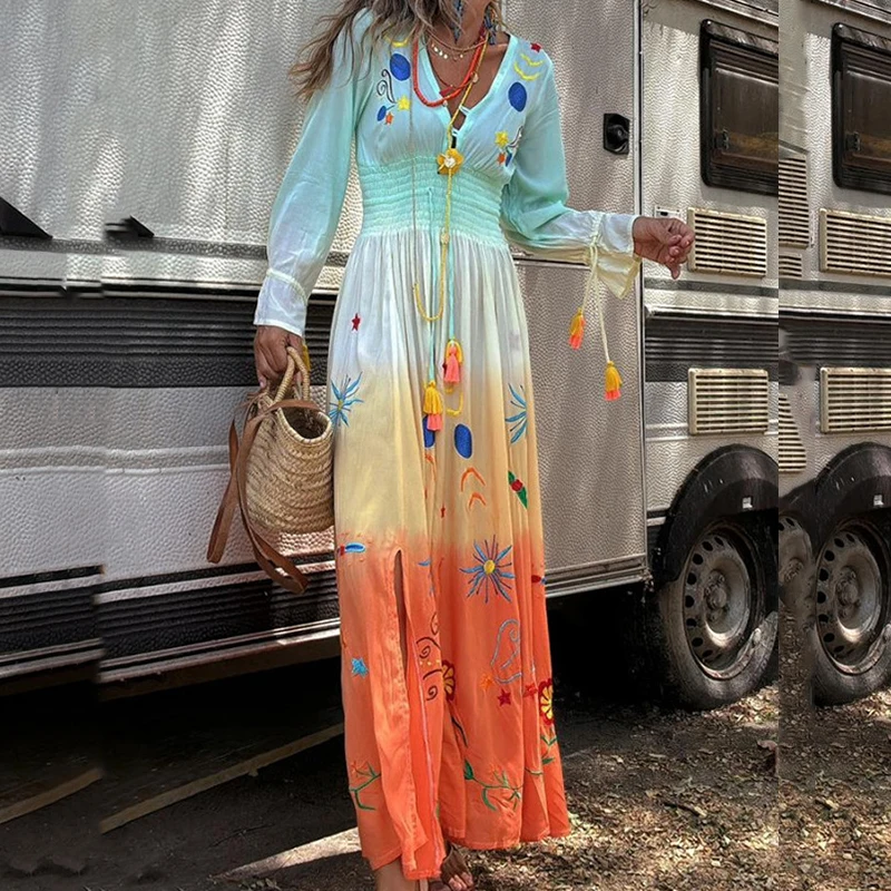 Fashion Button Elastic Waist Pleat Long Dress Casual Long Sleeve Party Dress Elegant Tassel Gradient Print V-neck Women Dresses