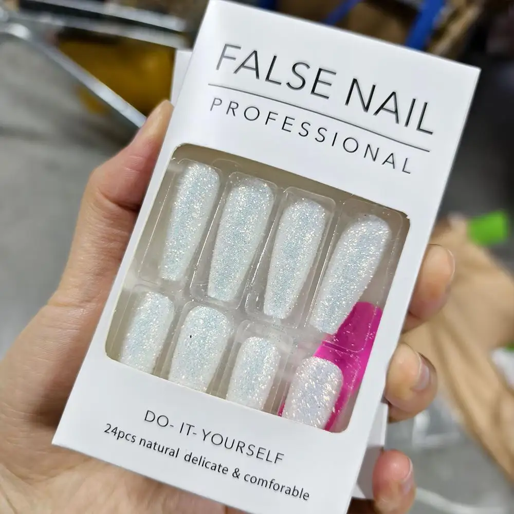 24Pcs White Glitter Sugar Powder Press On Nails Long Coffin Full Cover Fake Nail Long-Trapezoid Women Wearable False Fingertips