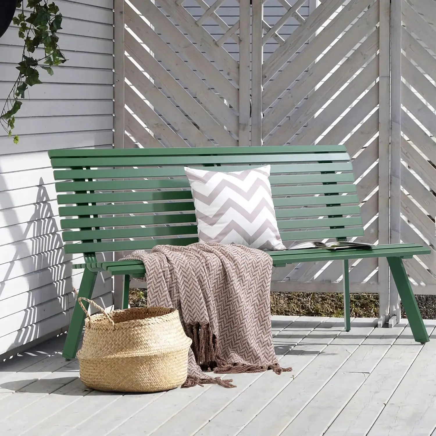 Outdoor Aluminum Garden Bench Patio Porch Chair Furniture Slatted Design w/Backrest Green 25