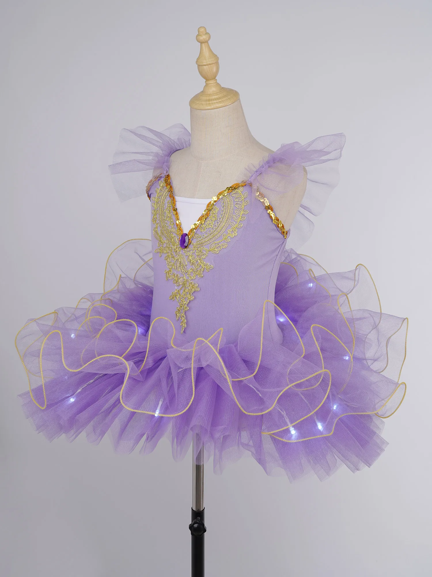 Kids Girls Ballet Performance Costume Ruffle Sleeve Tulle Tutu Princess Party Dress Ballerina Swan Lake Costume Dance Wear