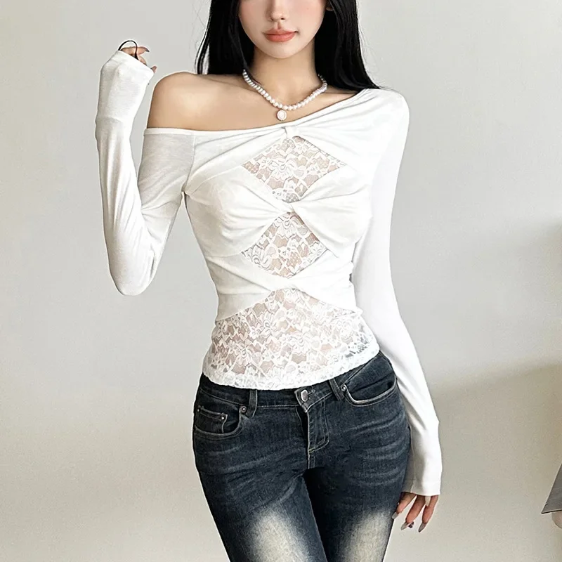

TPJB New Women's T-Shirts Solid Color Slim Fit Fashionable Shirts Slanted Collar Long Sleeved Mesh Patchwork Tops for Women