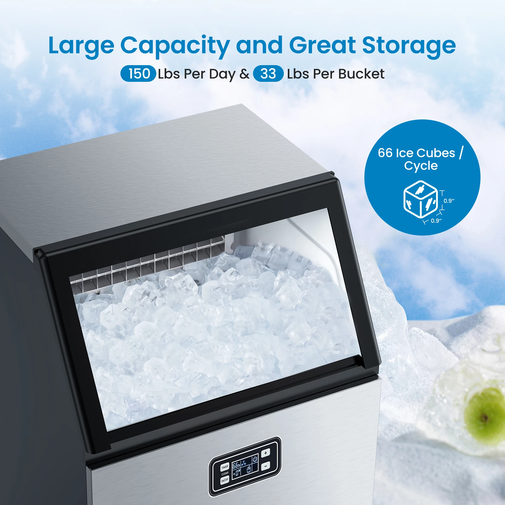 Commercial Ice Maker Machine, 150LBS/24H Under Counter Ice Maker with 33LBS Ice Capacity Freestanding Ice Machine with Ice Scoop