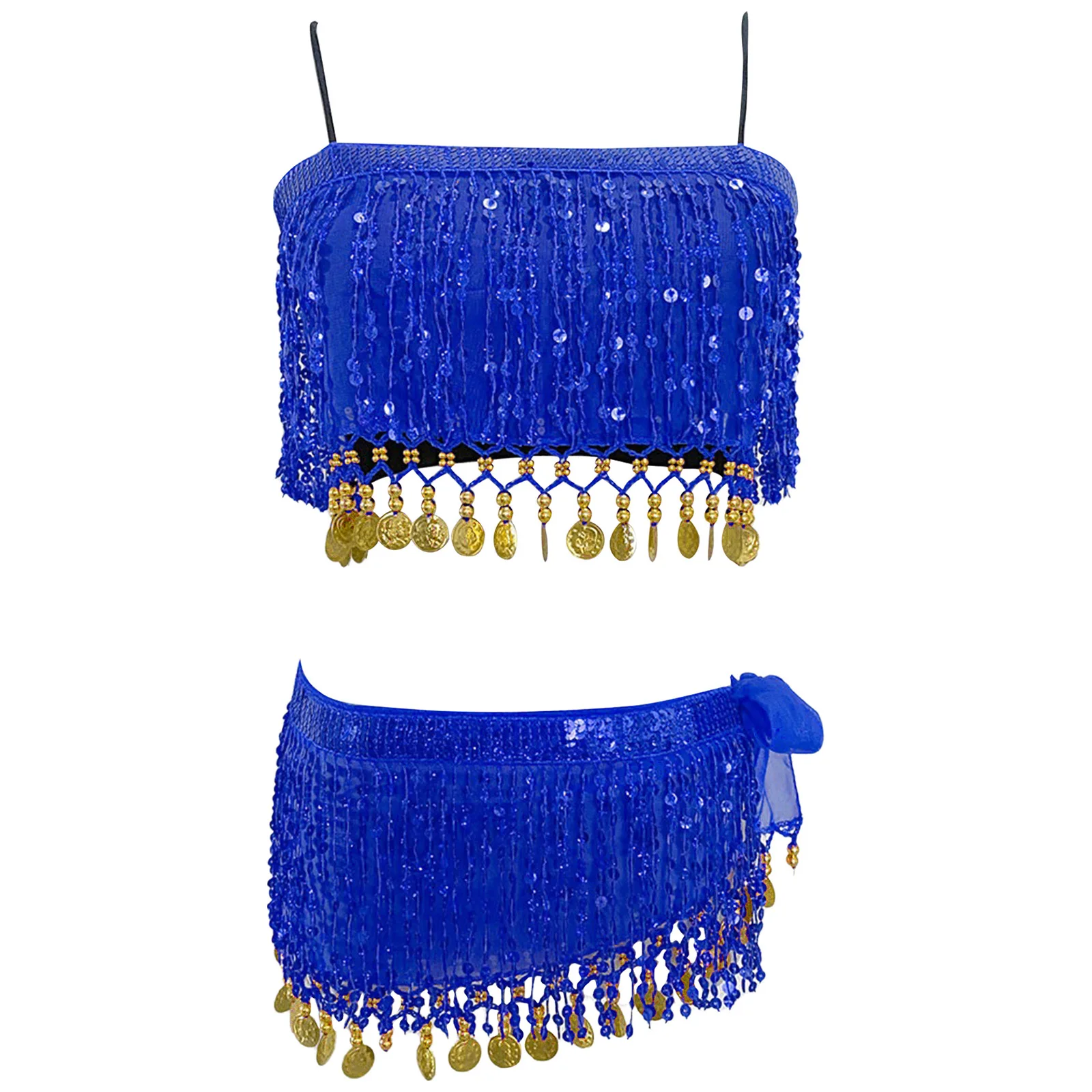Womens Buikdans Outfit Pailletten Kwastje Top Crop Hemdje Veiligheidsshorts Hippe Sjaal 4-delige Danskleding voor India Volksdans