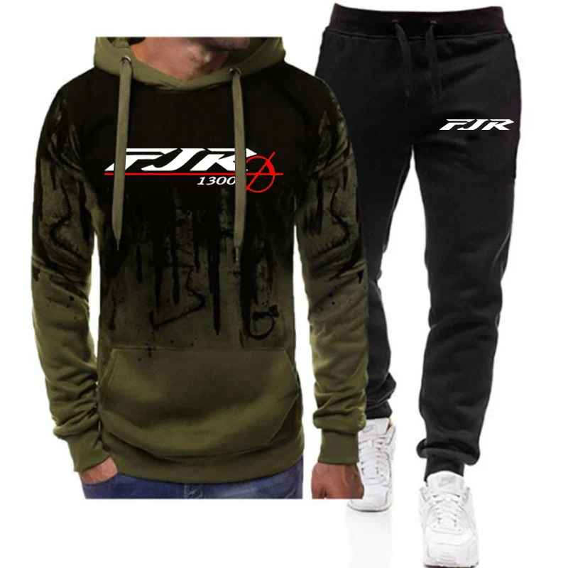 2023 Autumn Mens Fashion FJR 1300 MOTORCYCLE Logo Print Hooded Tracksuit Streetwear Pullover Hoodies+Sweatpants High Quality Set