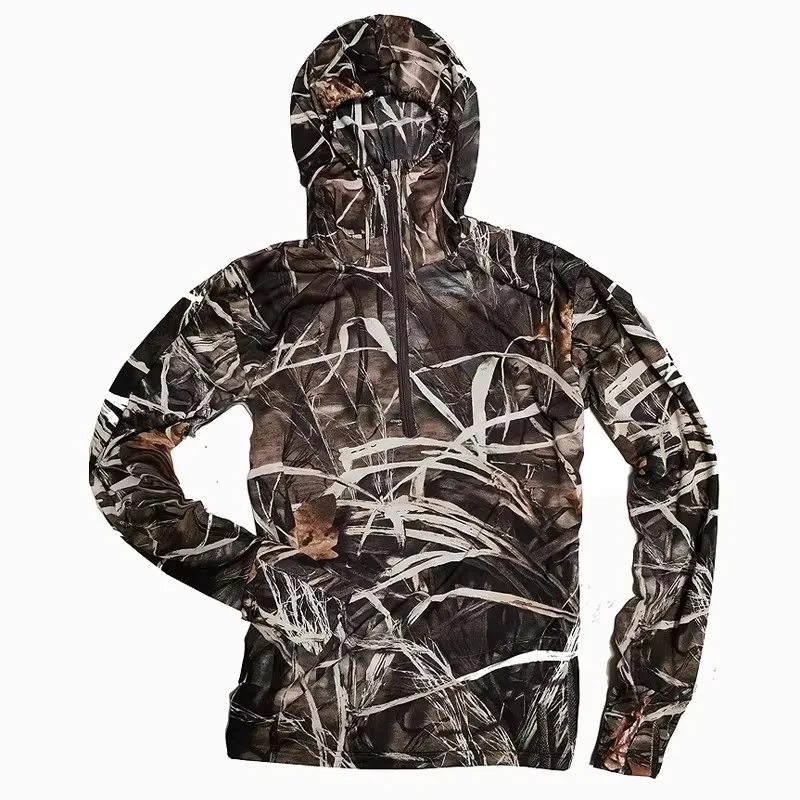 Thin Lightweight Summer Sun Protection Fishing Hoodie Breathable Elastic Quick-Dry Reed Camo Hunting Bird-Watching Hooded Shirt