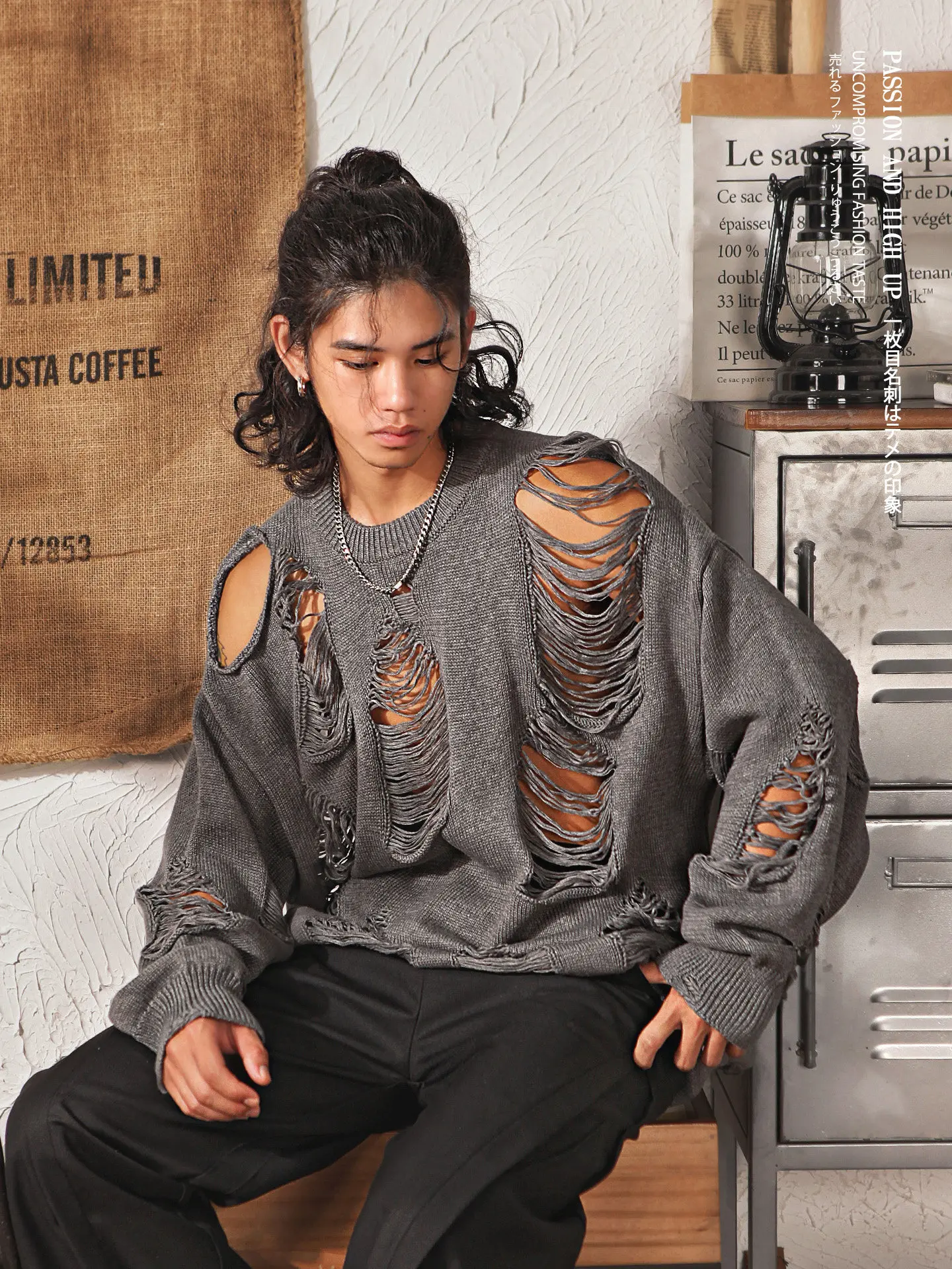 2025 Autumn Winter New Japanese Retro Style Black Gray Round Neck Hollow Sweater Men's Loose Casual White Knitwear