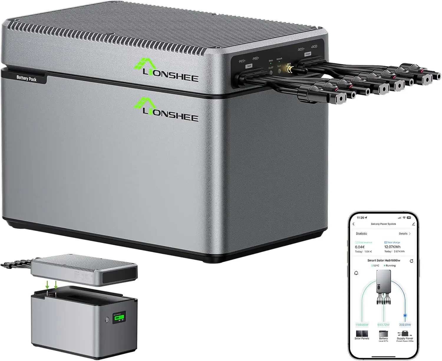 Image of LIONSHEE SolarFlow LS-H1600 Speicher-Balkonkraftwerk, 2x800W MPPT PV-Eingänge, 1600W AC Leistung, integrierter Mikro-Wechselrichter passend zu LiFePO4 Batterie LS-L1024 1024Wh, PV-Hub Plug&Play mit