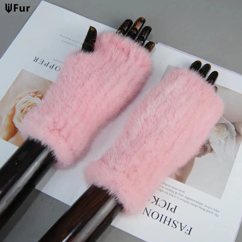 

Top Quality Women's 100% Winter Warm Real Mink Fur Knitted Half Finger Gloves Girls Typing Mittens