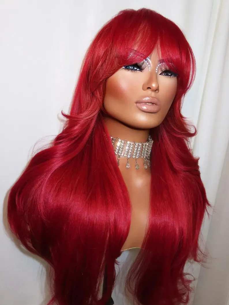 Hot Scarlet Bright Red Synthetic Lace Front Wig with Layered Curtain Bangs Sexy Glueless Bang Wig Ready to Wear Styled Long Wavy