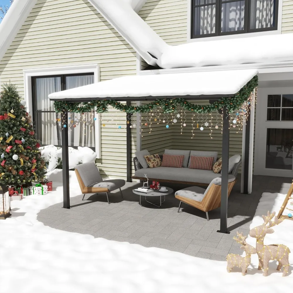Patio All-Iron Gazebo,Hard Top Lean to Gazebo Pergola with Roof,Wall Mounted Heavy Duty Awnings, for Outdoor, Backyard