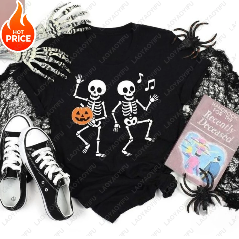 Dancing Skeleton Halloween Printed T-shirt Tops Woman Men Summer Tops Funny Humor Pumpkin Tshirt  Casual  Tops Graphic T Shirts