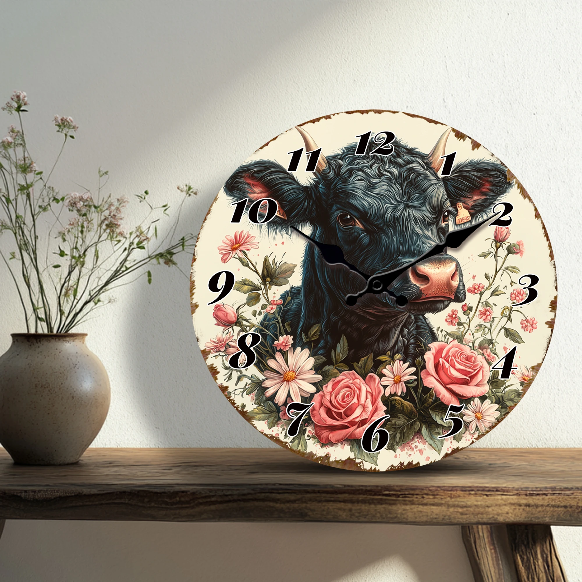 Black Cow with Pink Roses Wall Clock, Rustic Floral Animal Round Hang Clock for Farmhouse Decor, Silent Quartz Analog