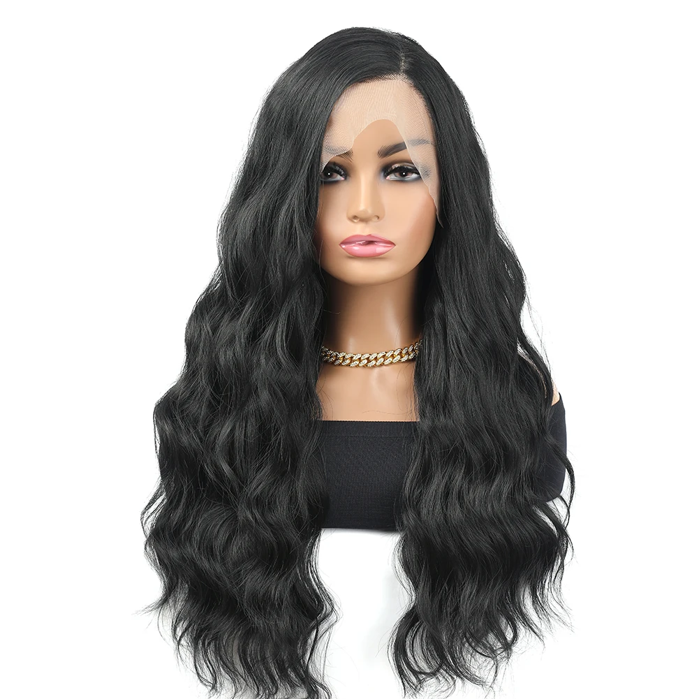 

13 × 4 прозрачный кружевной длинный океанский волнистый черный синтетический парик шнурка для женщин прозрачные кружевные натуральные волосы термостойкие парики