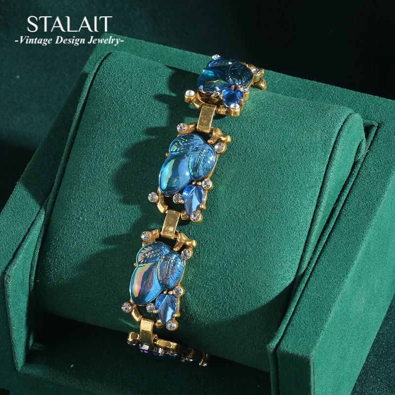 

Модный женский браслет золотого цвета с кристаллами морского синего цвета, стразы в виде листьев, антикварные украшения, богемный женский подарок, роскошные аксессуары в стиле ретро