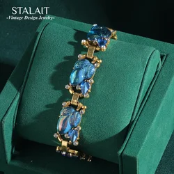 Fashion Gold Color Sea Blue Crystal Women Bracelet Leaf Rhinestones Antique Jewelry Bohemia Ladies Gift Luxury Retro Accessories