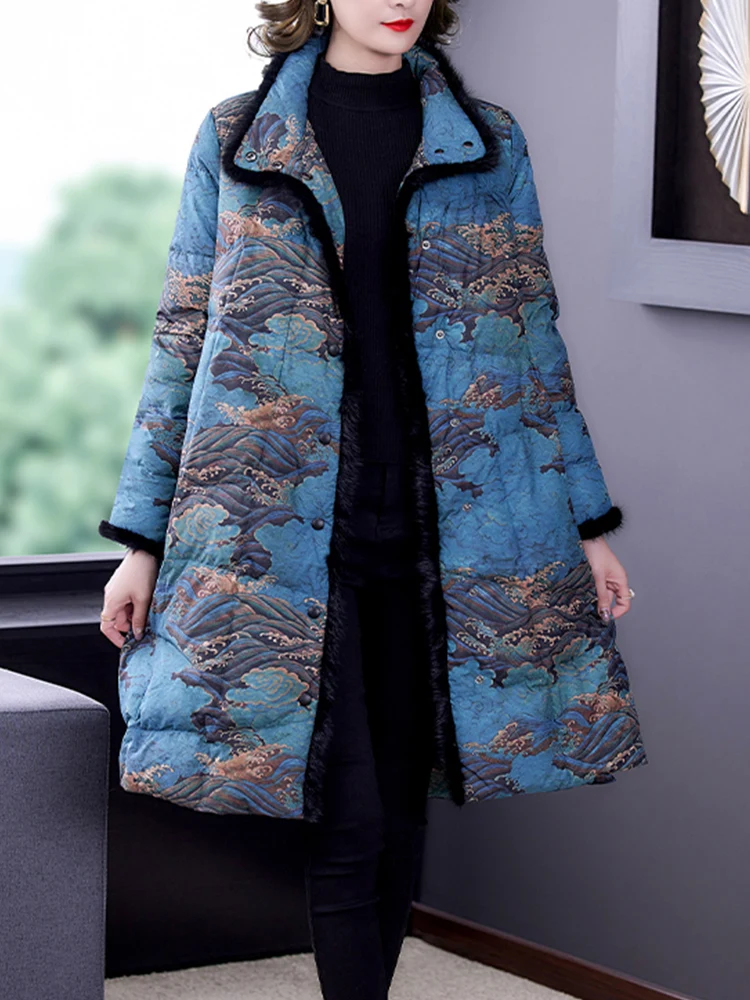 Plus Size Down Cotton Jackets Winter Women Long Overcoat Mink Burrs Lapel 90% White Duck Down Coat Thickness Ladies Warm Outwear