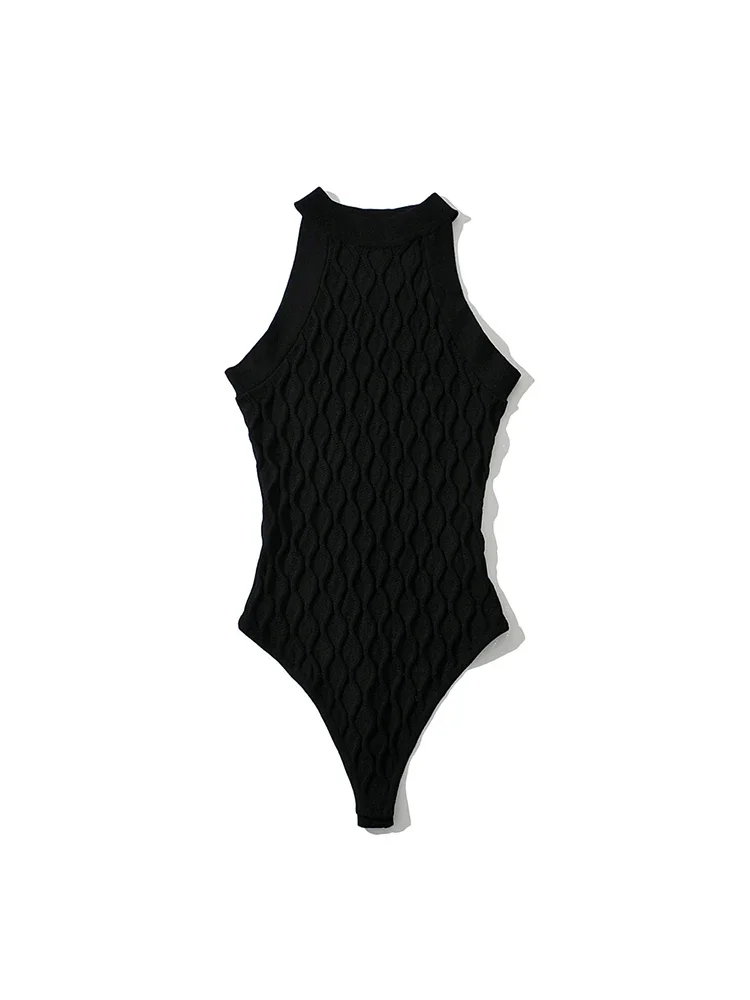 SheMujerSky 女性ノースリーブストライプニット弾性スリムボディスーツ夏 O ネック無地ボディスーツ