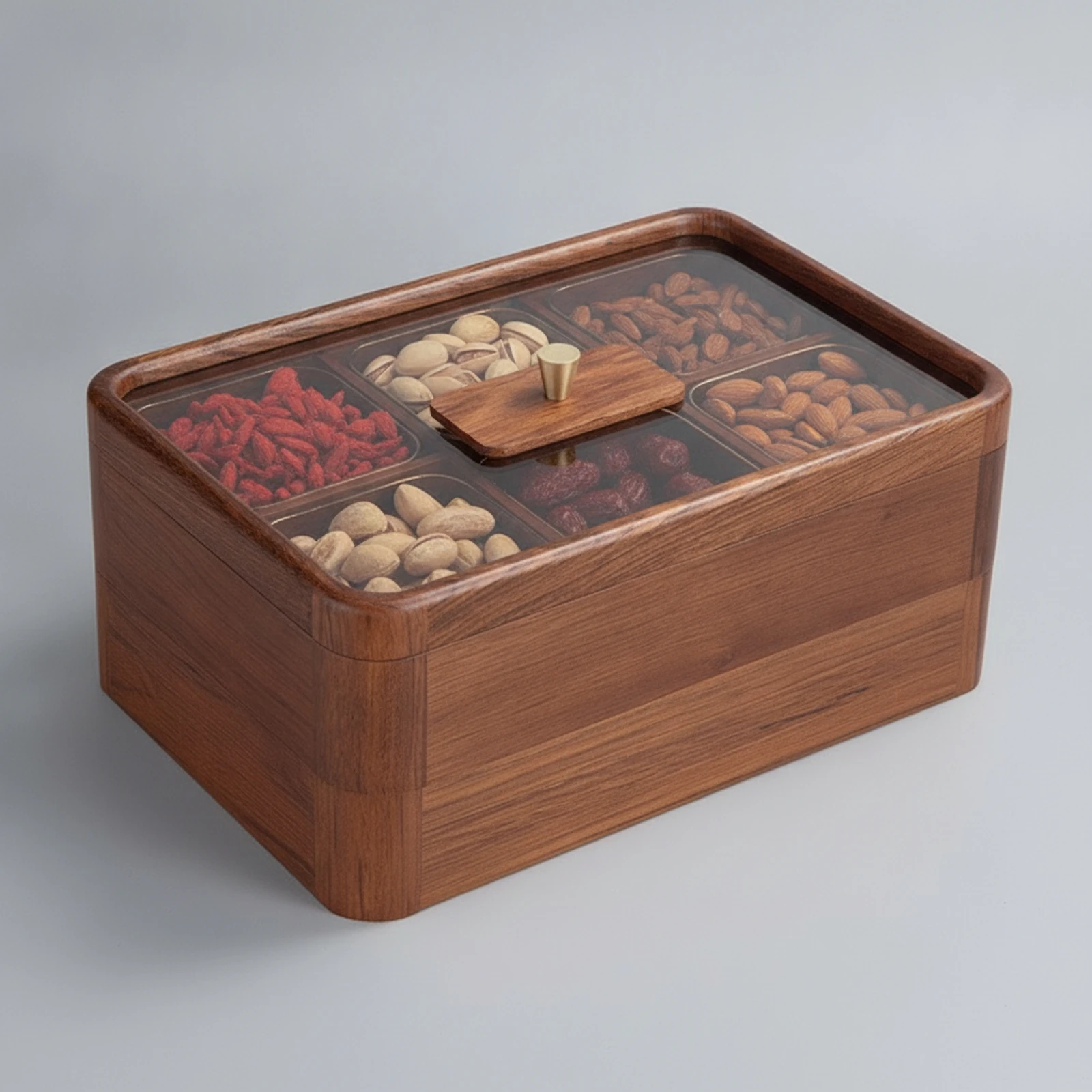 Snack Box with Transparent Lid Wooden Double-Layer Snack Organizer Compartment Serving Tray Wood-Grain Divided Serving Tray