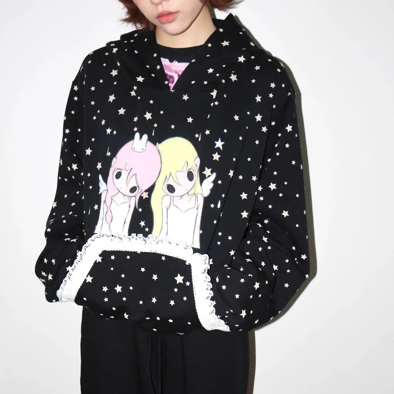Japanese Design Black Star Print Women's Pullover Autumn Sweet Cool Illustration Loose Lace Versatile Hooded Sweatshirt Ladies